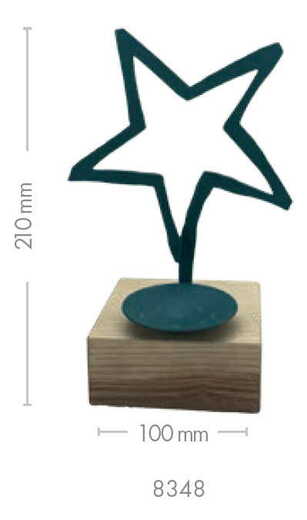 Kovaná hvězda na dřevěném špalku - svícen - modrá patina